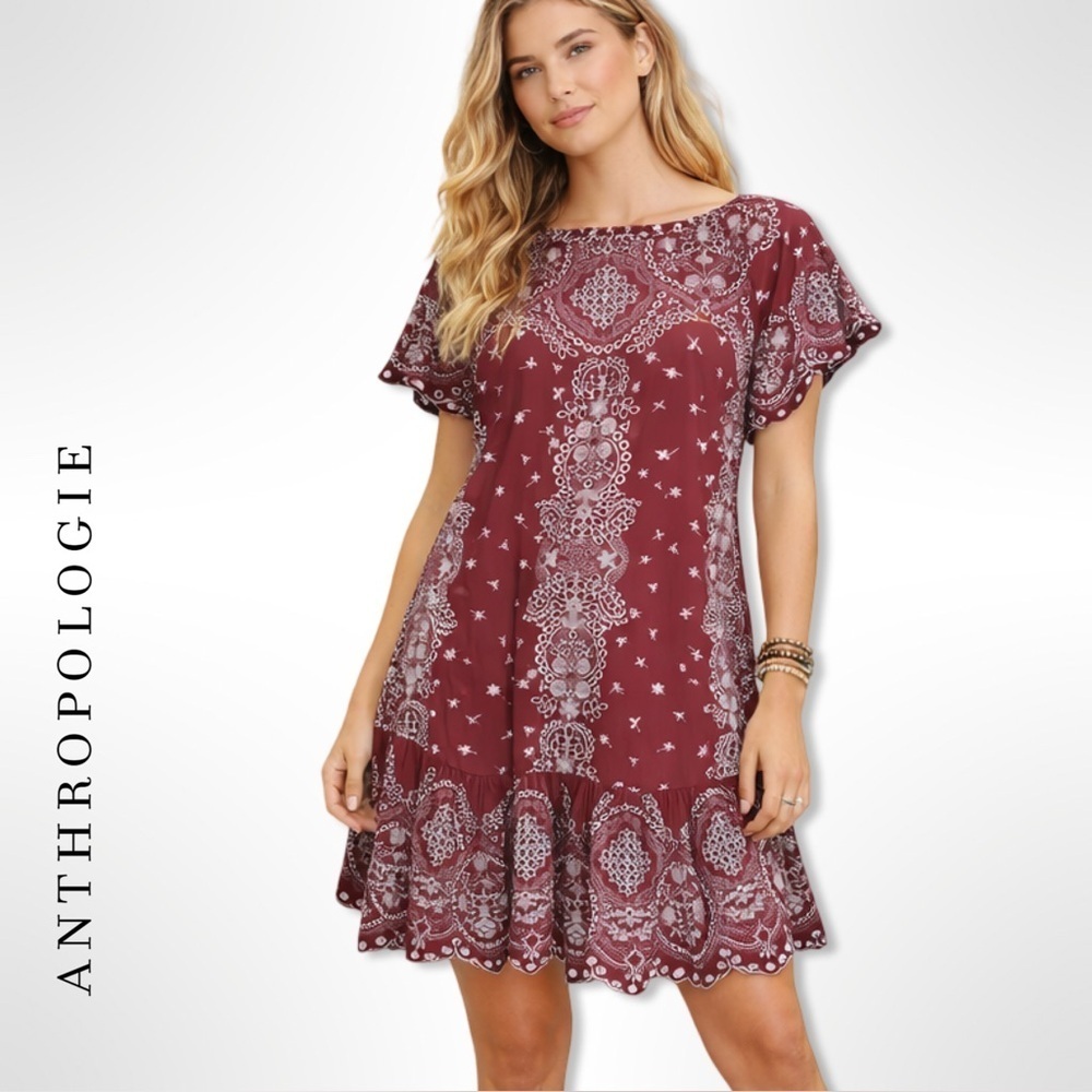 Anthropologie Feather & Bone Ynez Brown Eyelet Embroidered Mini Dress Size XS